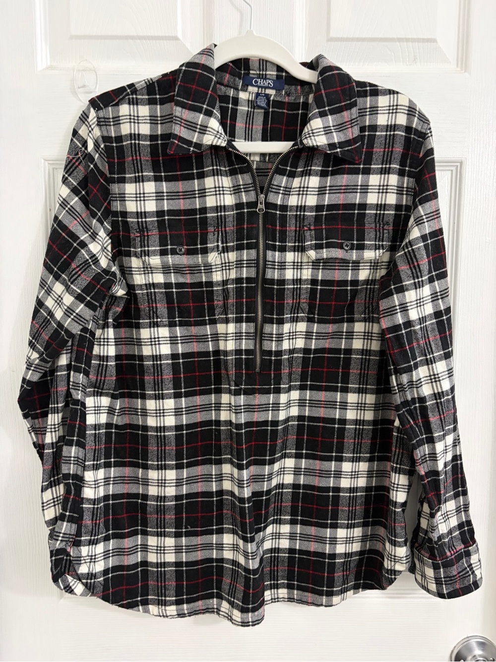 Women Chaps Black, White & Red Plaid Button-Down Shirt size large. $10